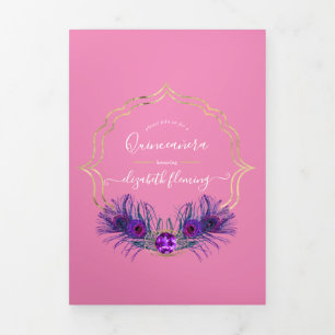 Pink und Gold Pfauenquinceñera Dreifach Gefaltete Einladung