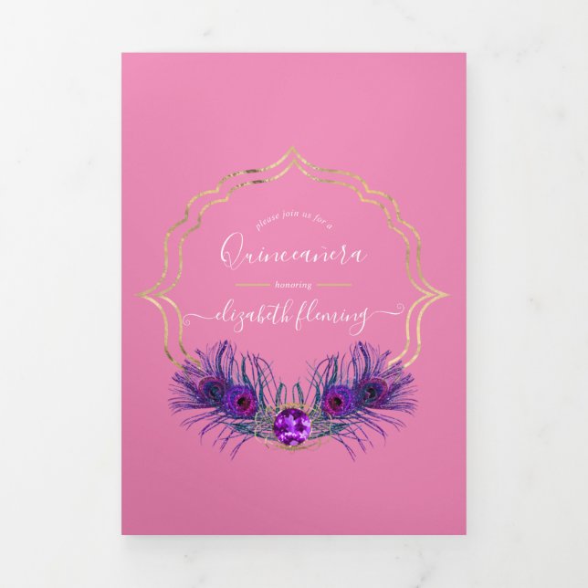 Pink und Gold Pfauenquinceñera Dreifach Gefaltete Einladung (Cover)