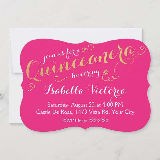 Pink und Gold Script Quinceanera Einladung (Vorderseite)