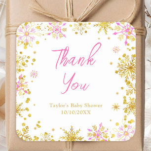 Pink und Gold Snowflakes Baby Dusche Danke Quadratischer Aufkleber