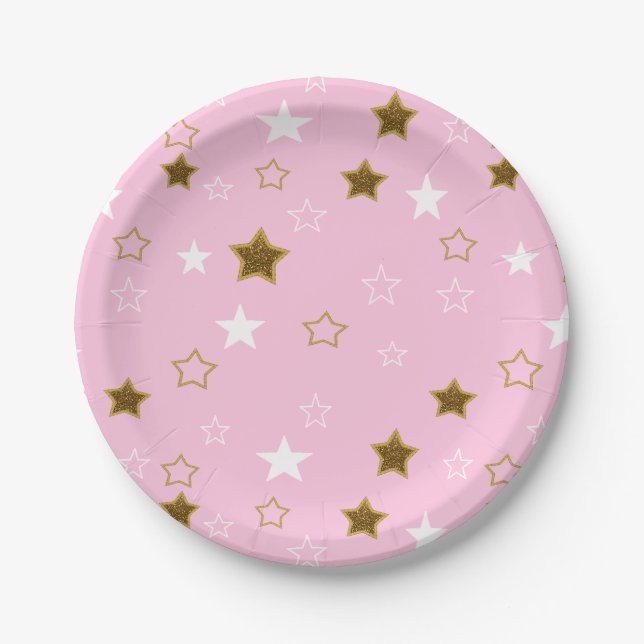 Pink und Gold Stars Papier Teller (Vorderseite)