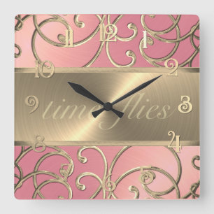 Pink und Gold Time Flock Quadratische Wanduhr