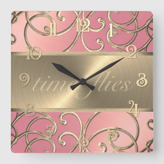 Pink und Gold Time Flock Quadratische Wanduhr (Vorderseite)