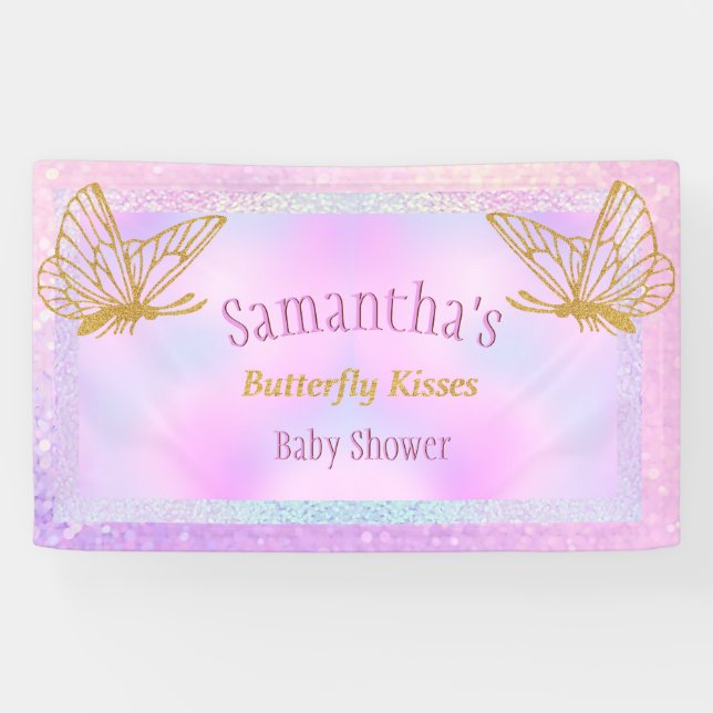 Pink und Gold Whimsical Butterfly Baby Dusche Banner (Horizontal)