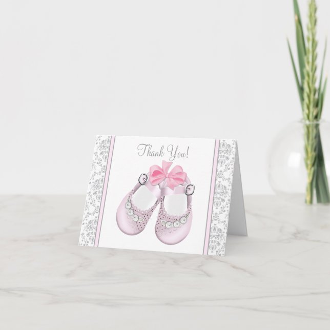 Pink und Grau Damask Kinderdusche Danke, Karten (Vorderseite)