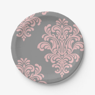 Pink und Grau-Damaskus-Muster Pappteller