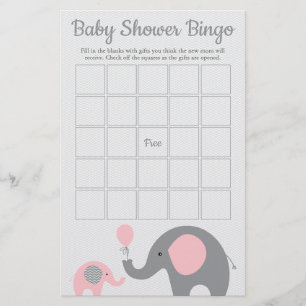Pink und Grau Elephant Baby Shower Bingo Game Card Flyer