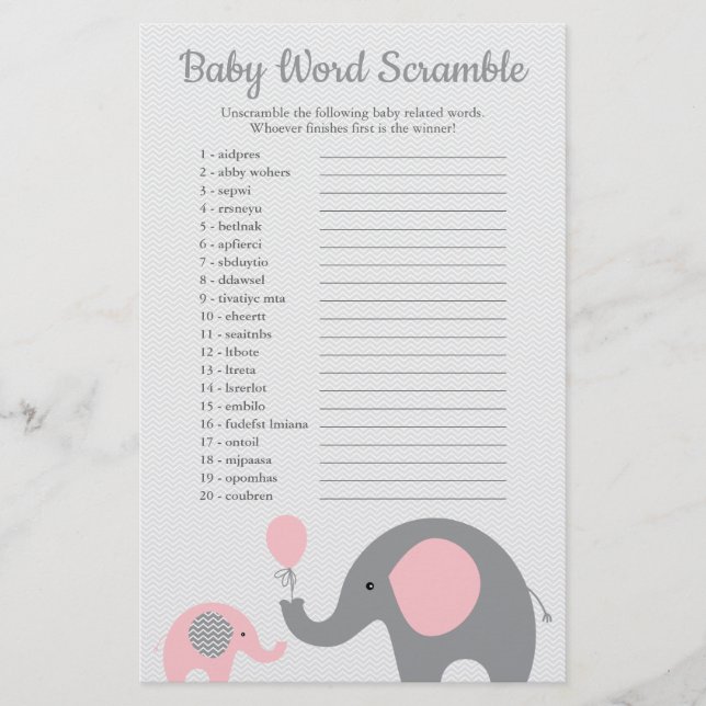 Pink und Grau Elephant Baby Shower Word Scramble Flyer (Vorne)