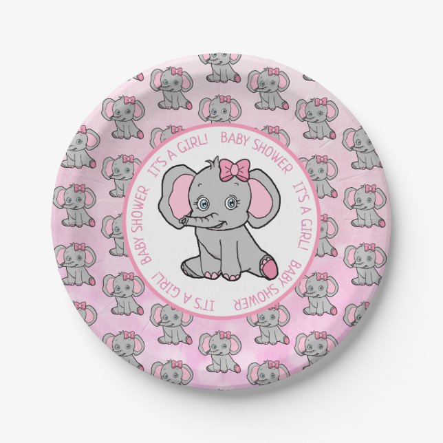 Pink und Grau Elephant Themed Baby Dusche Pappteller (Vorderseite)