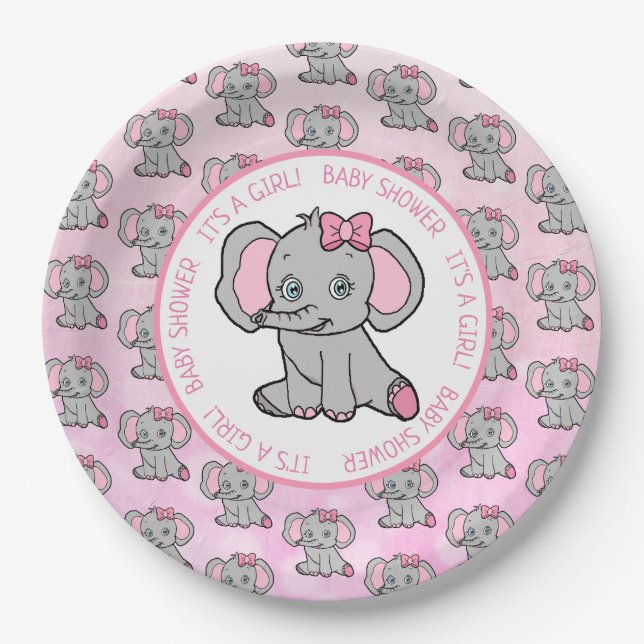 Pink und Grau Elephant Themed Baby Dusche Pappteller (Vorderseite)