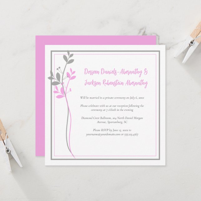 Pink und Grau Moderne Botanische Empfangsfeier nur Einladung (Vorderseite/Rückseite Beispiel)