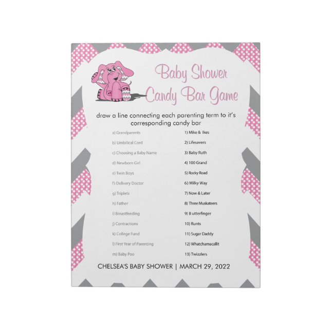 Pink und Grau Zickzack Elephant Baby Shower Game 2 Notizblock (Rotiert)