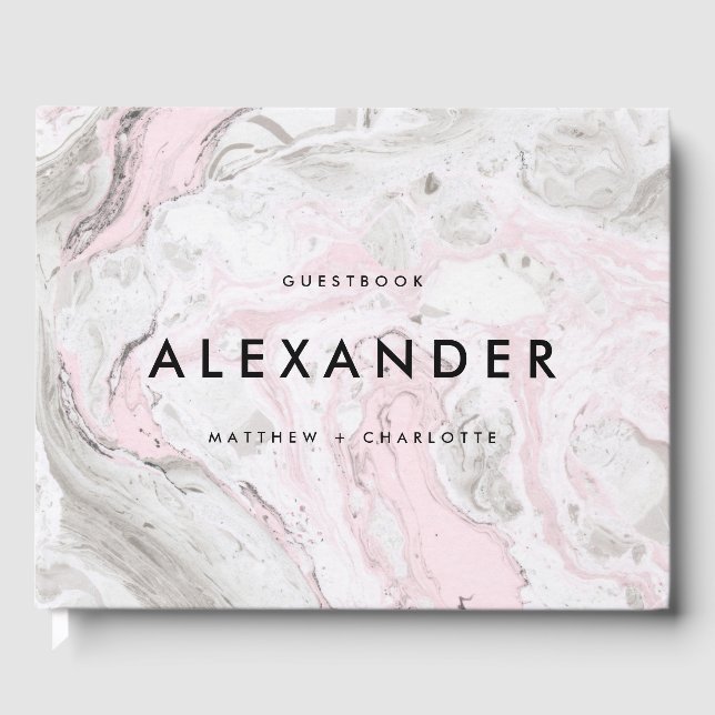 PInk und Graue Imitate Marble Modernes Hochzeitsse Gästebuch (Vorderseite)