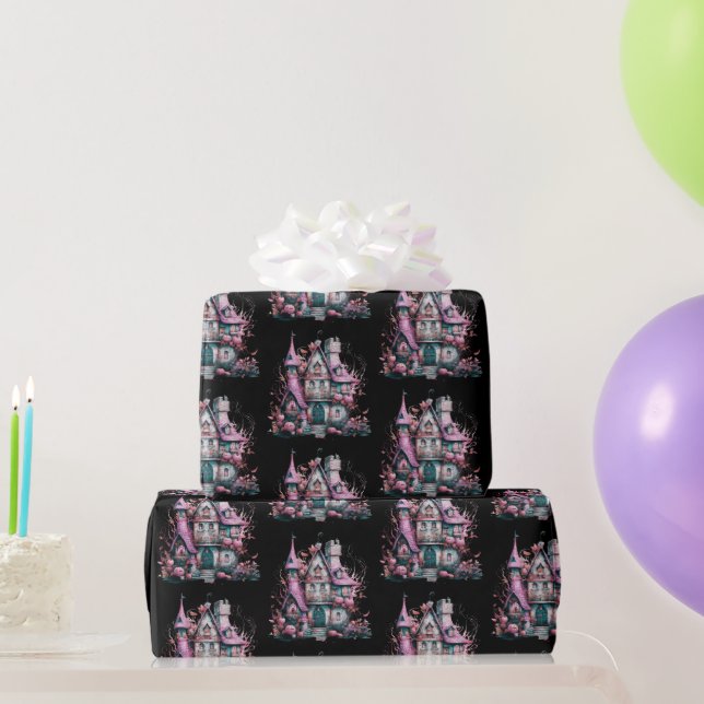 Pink und Graues Spuk Hausmuster Halloween Geschenkpapier (Partygeschenke)