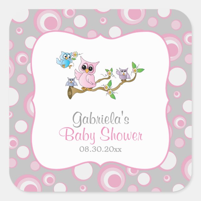 Pink und Gray Baby Owl Baby Dusche Thema Quadratischer Aufkleber (Vorderseite)