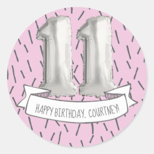 Pink und Gray Balloon Girls 11. Geburtstagsparty Runder Aufkleber