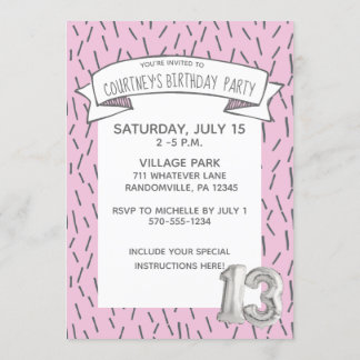 Pink und Gray Balloon Girls 13. Geburtstagsparty Einladung
