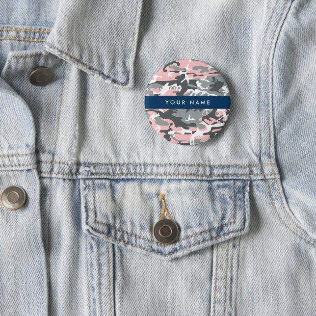 Pink und Gray Camouflage Ihr Name personalisieren Button (Beispiel)