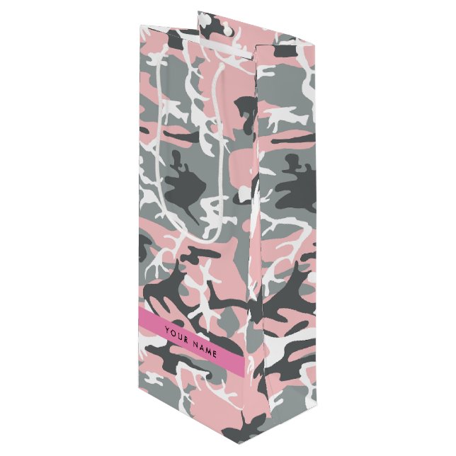 Pink und Gray Camouflage Ihr Name personalisieren Geschenktüte Für Weinflaschen (Vorderseite Schrägansicht)