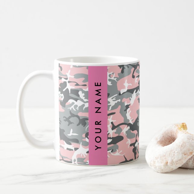 Pink und Gray Camouflage Ihr Name personalisieren Kaffeetasse (Mit Donut)