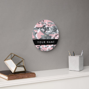 Pink und Gray Camouflage Ihr Name personalisieren Runde Wanduhr