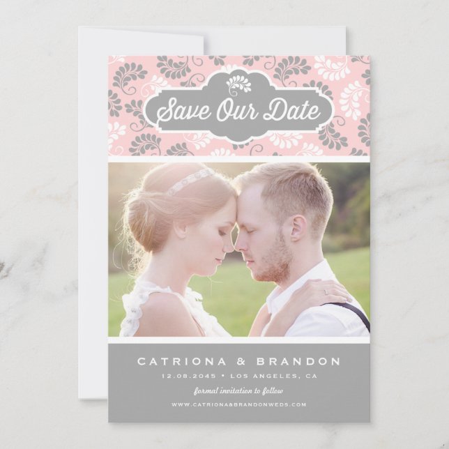 Pink und Gray floral Muster Foto Rettete Unser Dat Save The Date (Vorderseite)