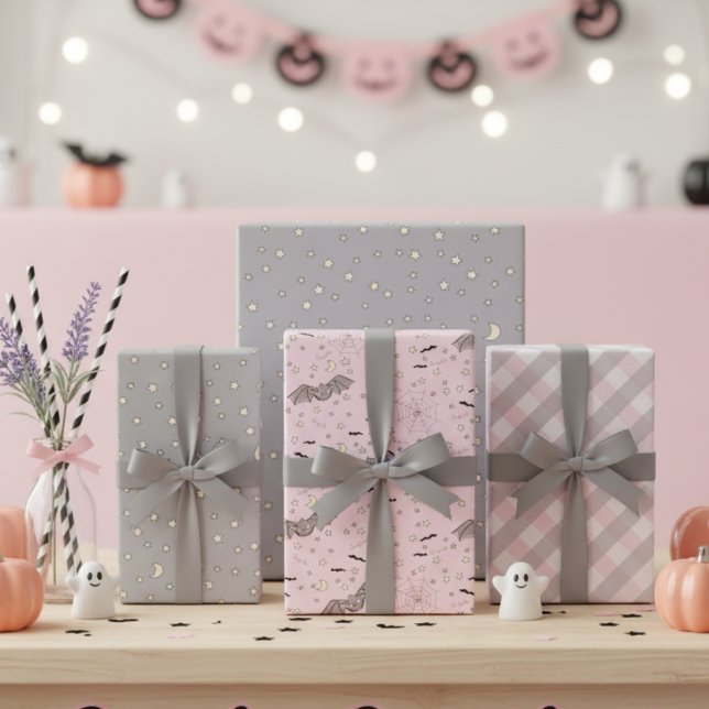 Pink und Gray Halloween Bat, Moon & Gingham Geschenkpapier Set (Spooky Halloween Girl Baby Shower Wrapping Paper. Cute Pink & Gray Bats, Stars & Gingham Pattern )