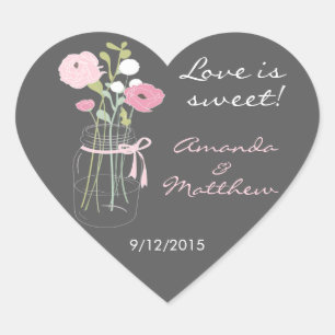 Pink und Gray Mason Jar Gastgeschenk Hochzeit Stic Herz-Aufkleber