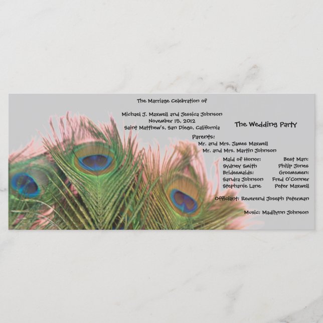 Pink und Gray Peacock Wedding Program Programm (Vorderseite)