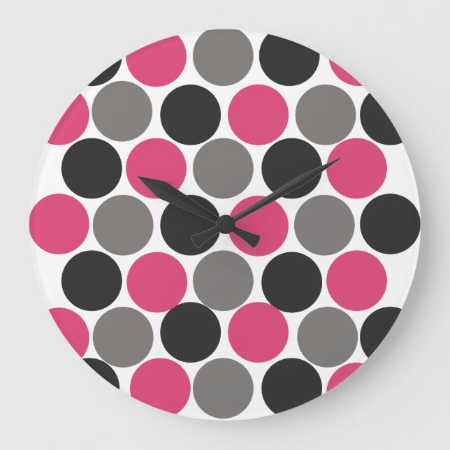Pink und Gray Polika Dot Große Wanduhr (Vorderseite)