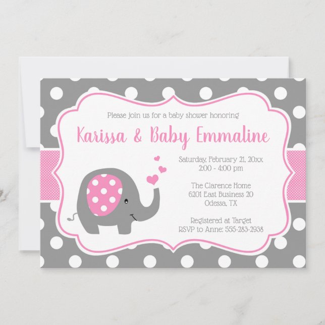 Pink und Gray Polka Dot Elephant Baby Dusche Einladung (Vorderseite)