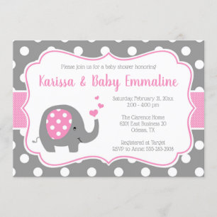 Pink und Gray Polka Dot Elephant Baby Dusche Einladung