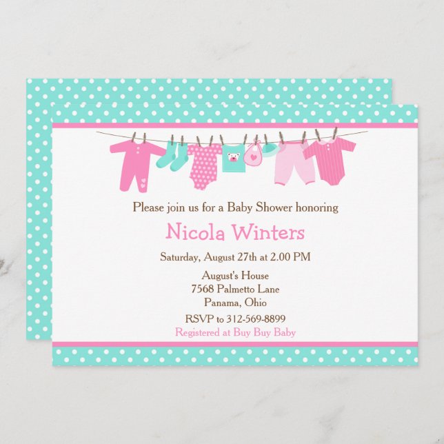 Pink und Green Baby Line Baby Dusche Einladung (Vorne/Hinten)
