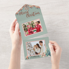 Pink und Green Boho Federn Foto Weihnachtskarte All In One Einladung