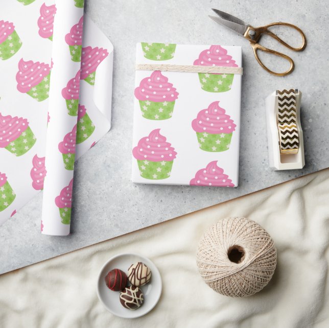 Pink und Green Cupcake Wrapping Paper Geschenkpapier (Kunsthandwerk)