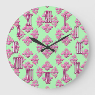 Pink und Green Damask Muster Wandklemme Große Wanduhr