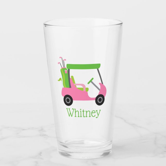 Pink und Green Golf Cart Personalisiert Glass Tumb Glas (Vorderseite)