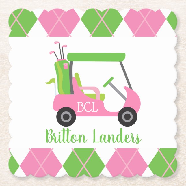 Pink und Green Golf Mit Monogramm Paper Untersetze Untersetzer (Vorderseite)