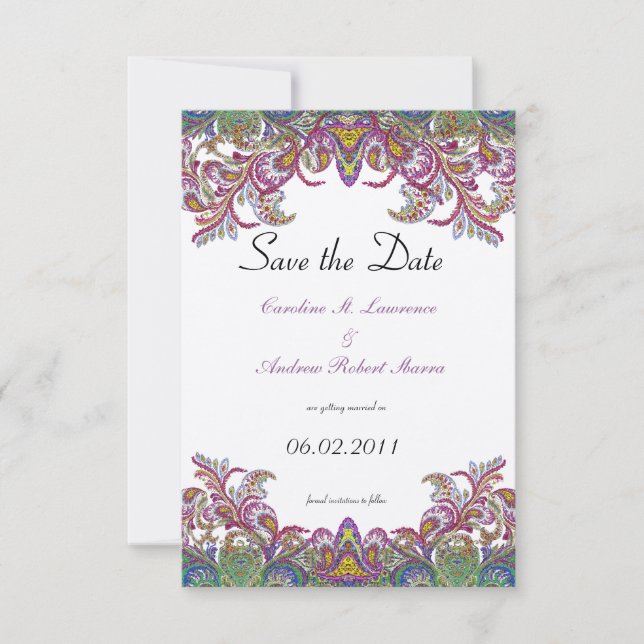 Pink und Green Paisley Peacock Wedding Save The Date (Vorderseite)