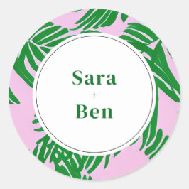 Pink und Green Palm Tree Moderne Beach Hochzeit Runder Aufkleber