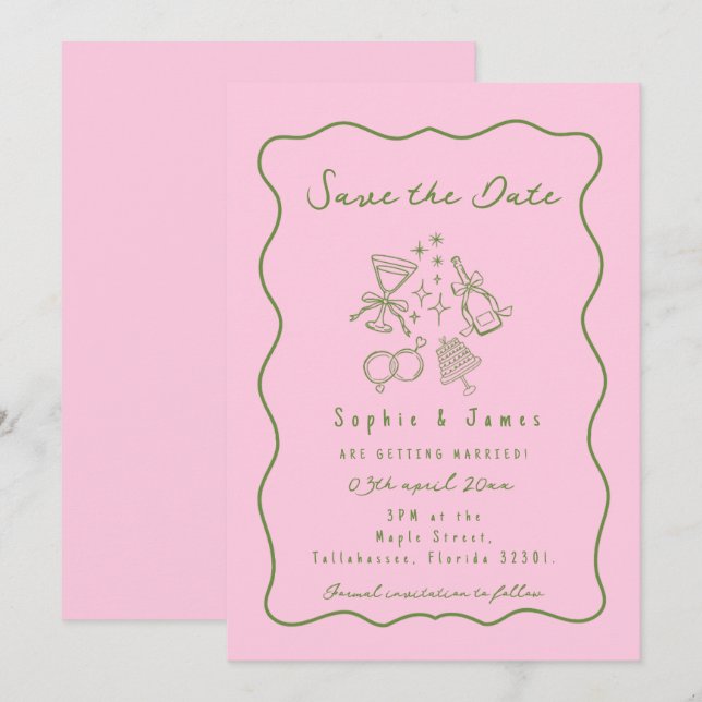 Pink und grün Whimsical Doodle Trendy Wedding Einladung (Vorne/Hinten)
