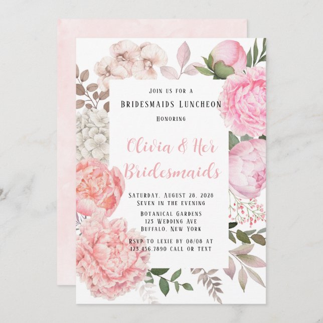 Pink und Korallen Botanische Peony Bridesmaid Lunc Einladung (Vorne/Hinten)