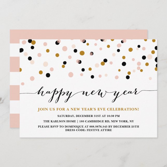 Pink und Kupfer Confetti Dots Silvester Party Einladung (Vorne/Hinten)