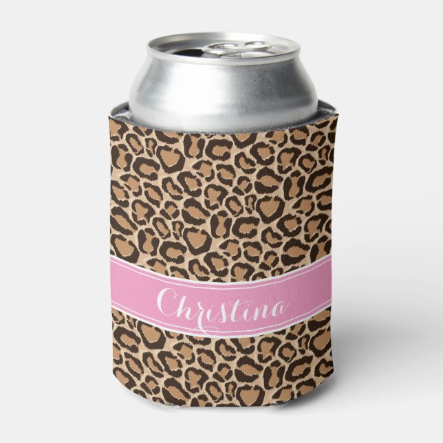 Pink und Leopard Print Custom Monogram Dosenkühler (Kanne Vorderseite)
