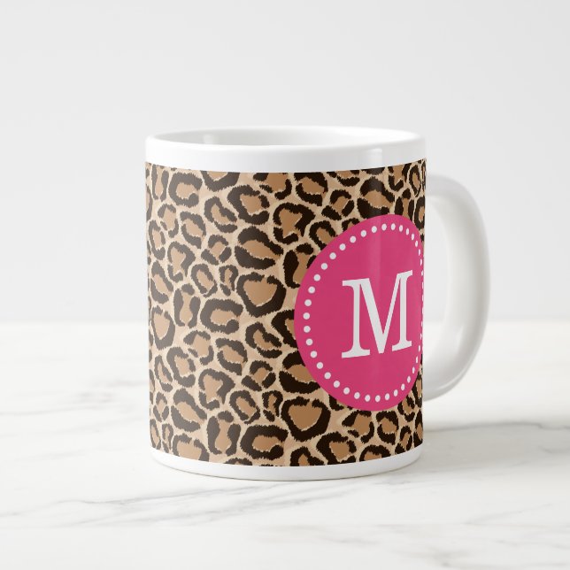 Pink und Leopard Print Custom Monogram Jumbo-Tasse (Vorderseite Rechts)
