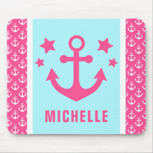 Pink und Light Blue Anchors Nautical Patches Mousepad