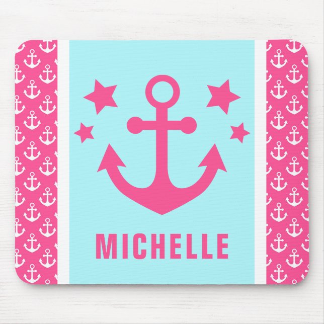 Pink und Light Blue Anchors Nautical Patches Mousepad (Vorne)