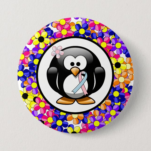 Pink und Light Blue Awareness Ribbon Penguin Button (Vorderseite)