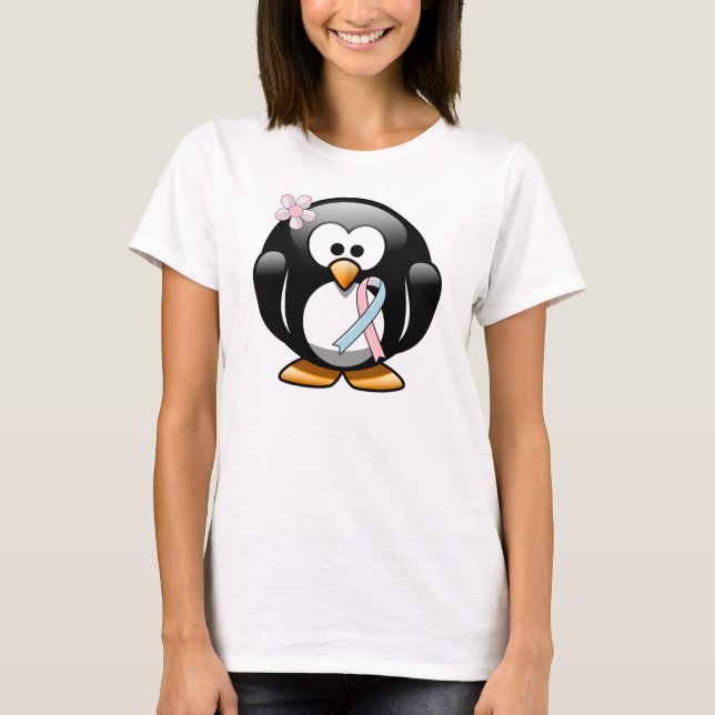 Pink und Light Blue Awareness Ribbon Penguin T-Shirt (Vorderseite)