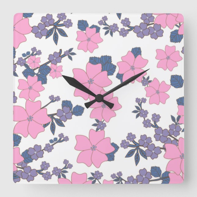 PINK UND LILA BLUME QUADRATISCHE WANDUHR (Vorderseite)